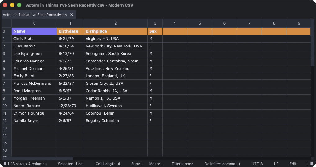 Opening a CSV file in Modern CSV.